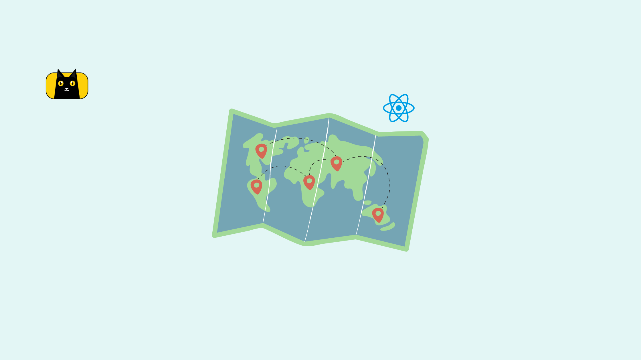 A picture of a map, a React logo, and a CopyCat logo.