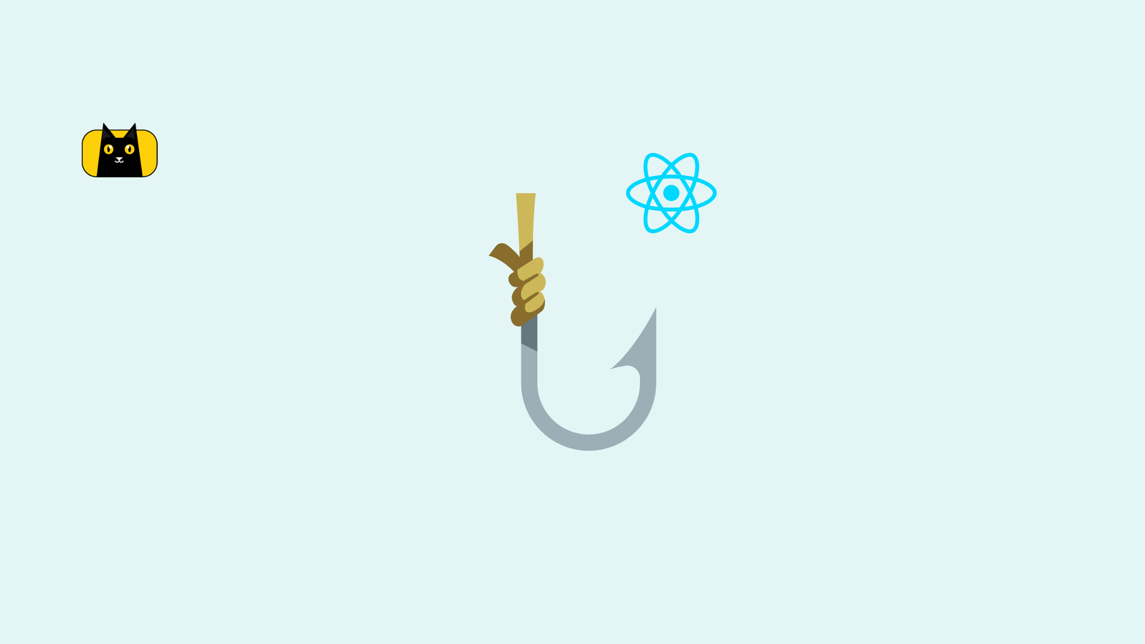 A picture of a hook, a React logo, and a CopyCat logo.